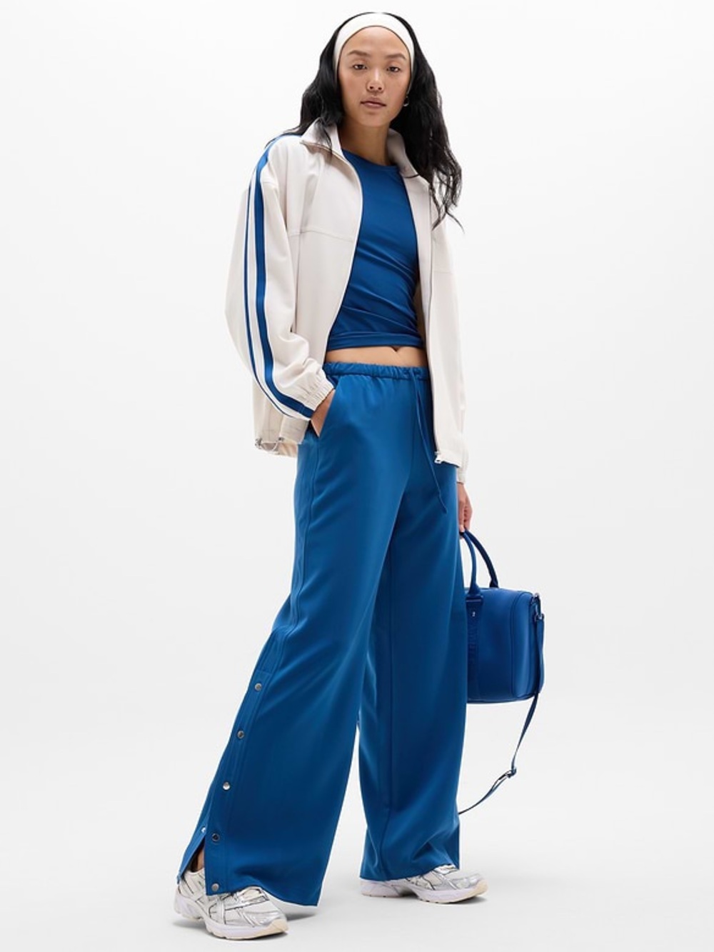 Athleta MVP Mid Rise Snap‎ Wide Leg Track Pants In Maritime Blue Size Medium